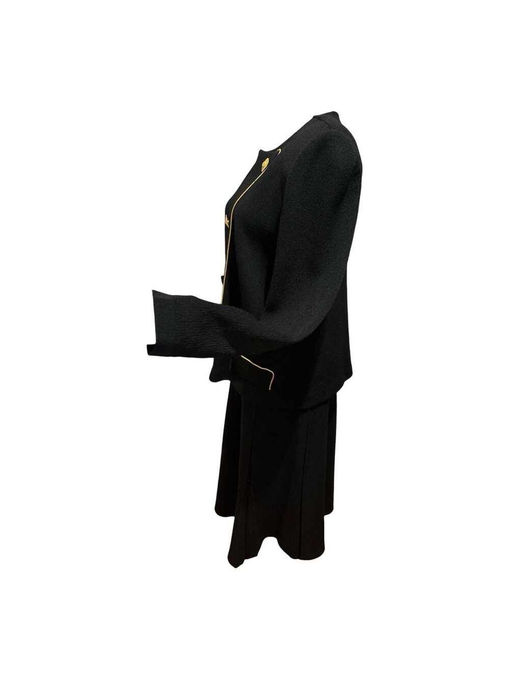 80s 2PC CASTLEBERRY KNIT BLACK JACKET W GOLD TONE TRIM & BUTTONS & PLEAT SKIRT - Picture 4 of 10